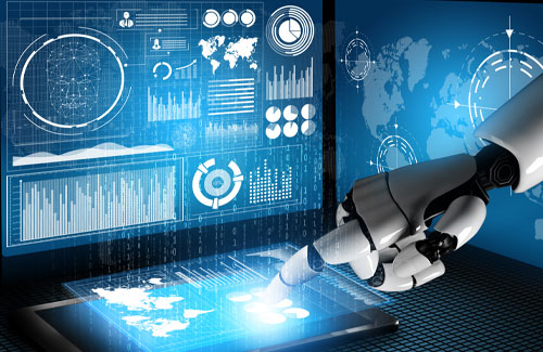 ki-kontrolliert-prozesse Roboterhand tippt auf virtuellen Screen